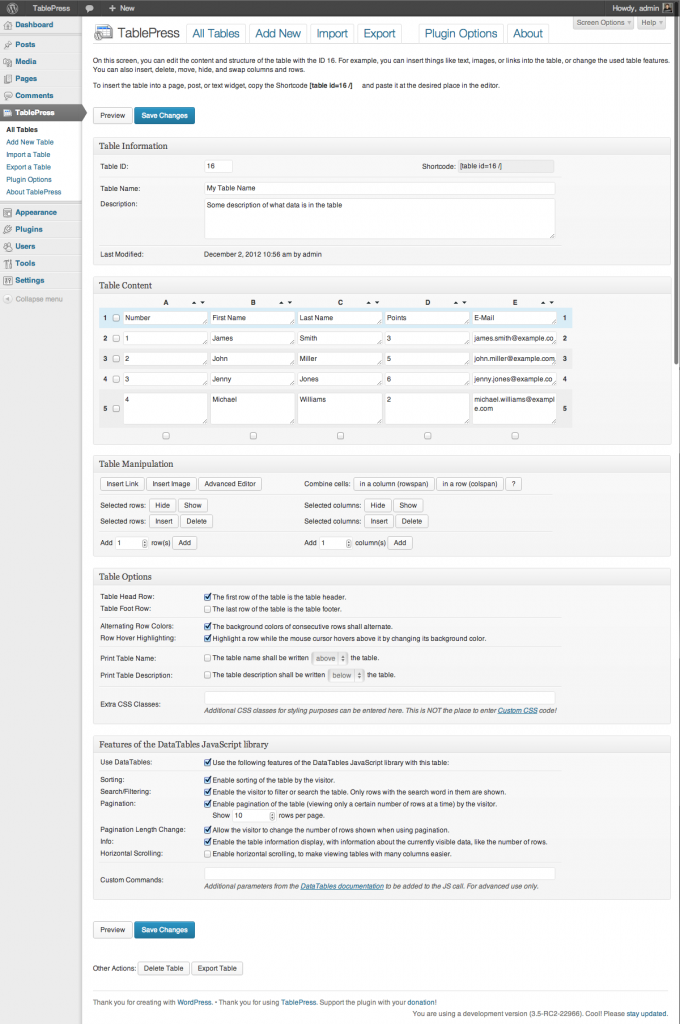 website table plugin demo